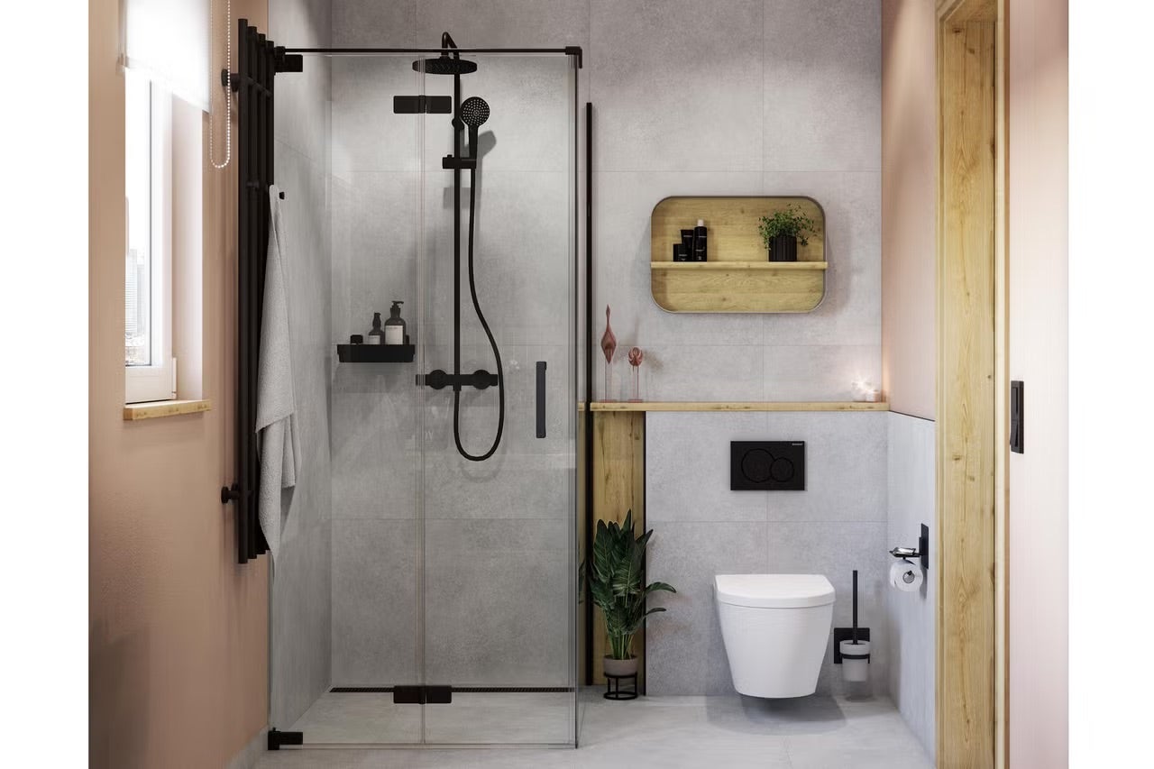 Moderná kúpeľňa so sprchovacím kútom, toaletou a drevenými policami