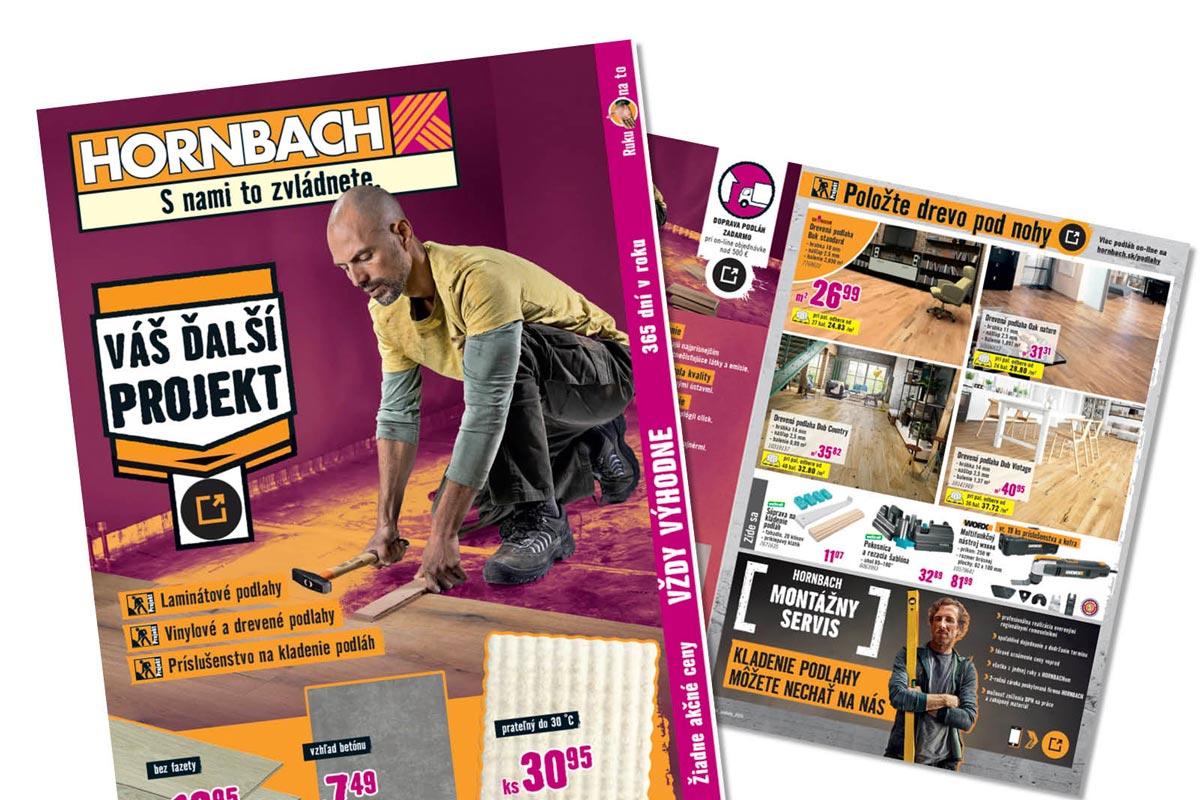 Reklamný leták Hornbach s kutilom pokladajúcim drevenú podlahu a prehľadom produktov pre podlahové krytiny a príslušenstvo.