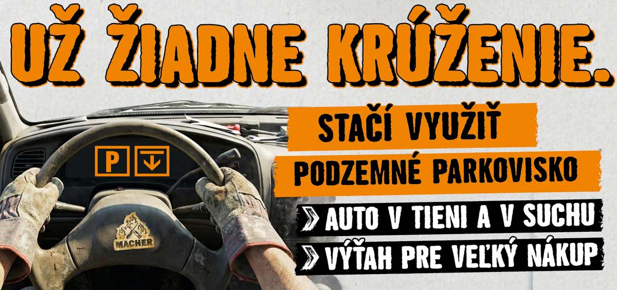 Reklamný banner na podzemné parkovisko Hornbach s Macher Logo: auto v tieni a suchu, výťah pre veľký nákup.