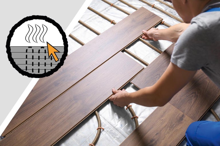 Symbol pre vhodné pre podlahové kúrenie s pokládkou laminátu jednou osobou.