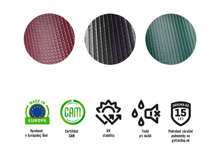 Vzorky vlnitých dosiek, pečať Vyrobené v Európe, certifikát CAM, pečať UV stabilita, pečať Tichý dážď, pečať záruka až 15 rokov