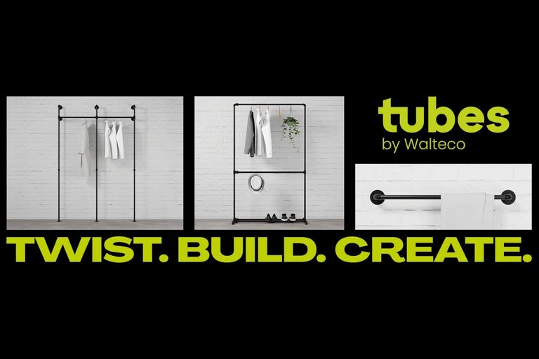 tubes by Walteco Logo. Modulárny čierny trubkový systém v industriálnom dizajne pre nábytok, ako sú vešiaky, police a držiaky na uteráky.
