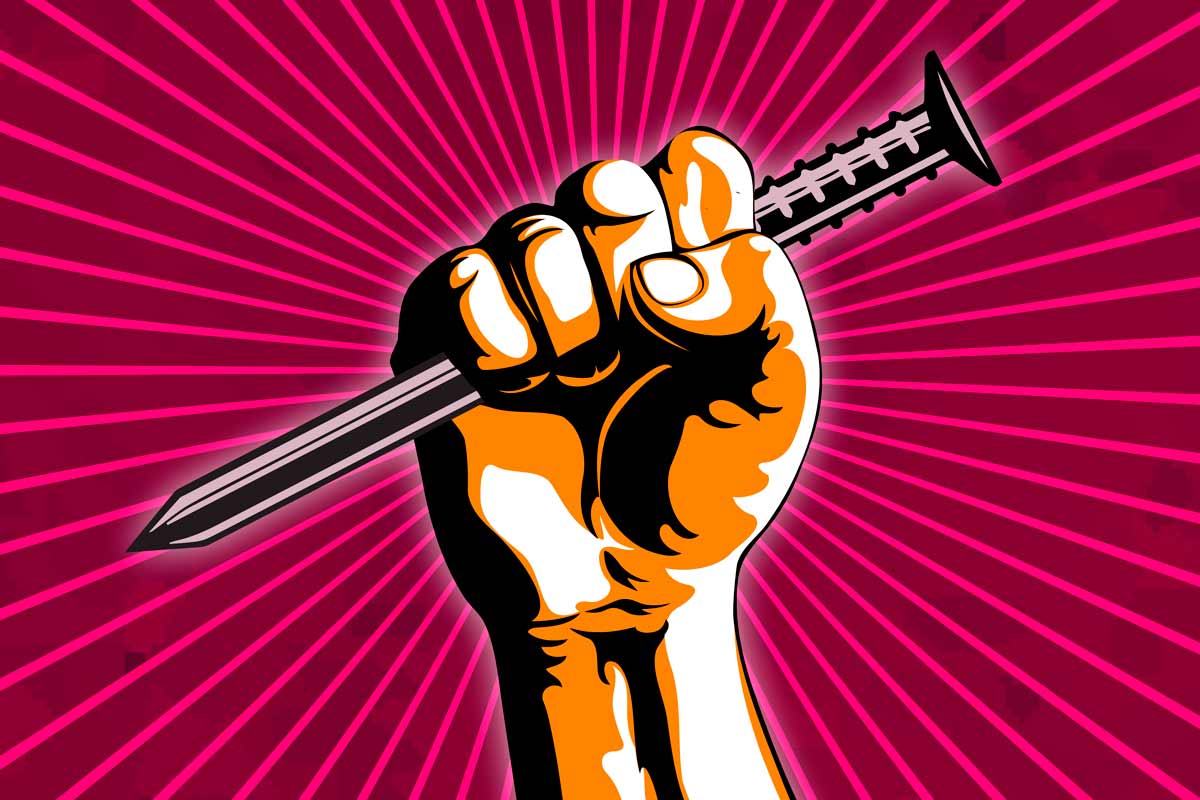 Päsť držiaca veľkú skrutku v grafickej ilustrácii.