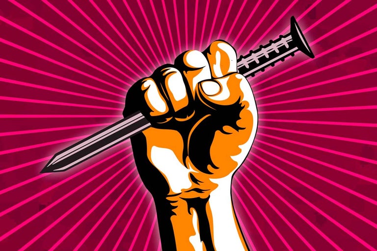 Päsť držiaca veľkú skrutku v grafickej ilustrácii.