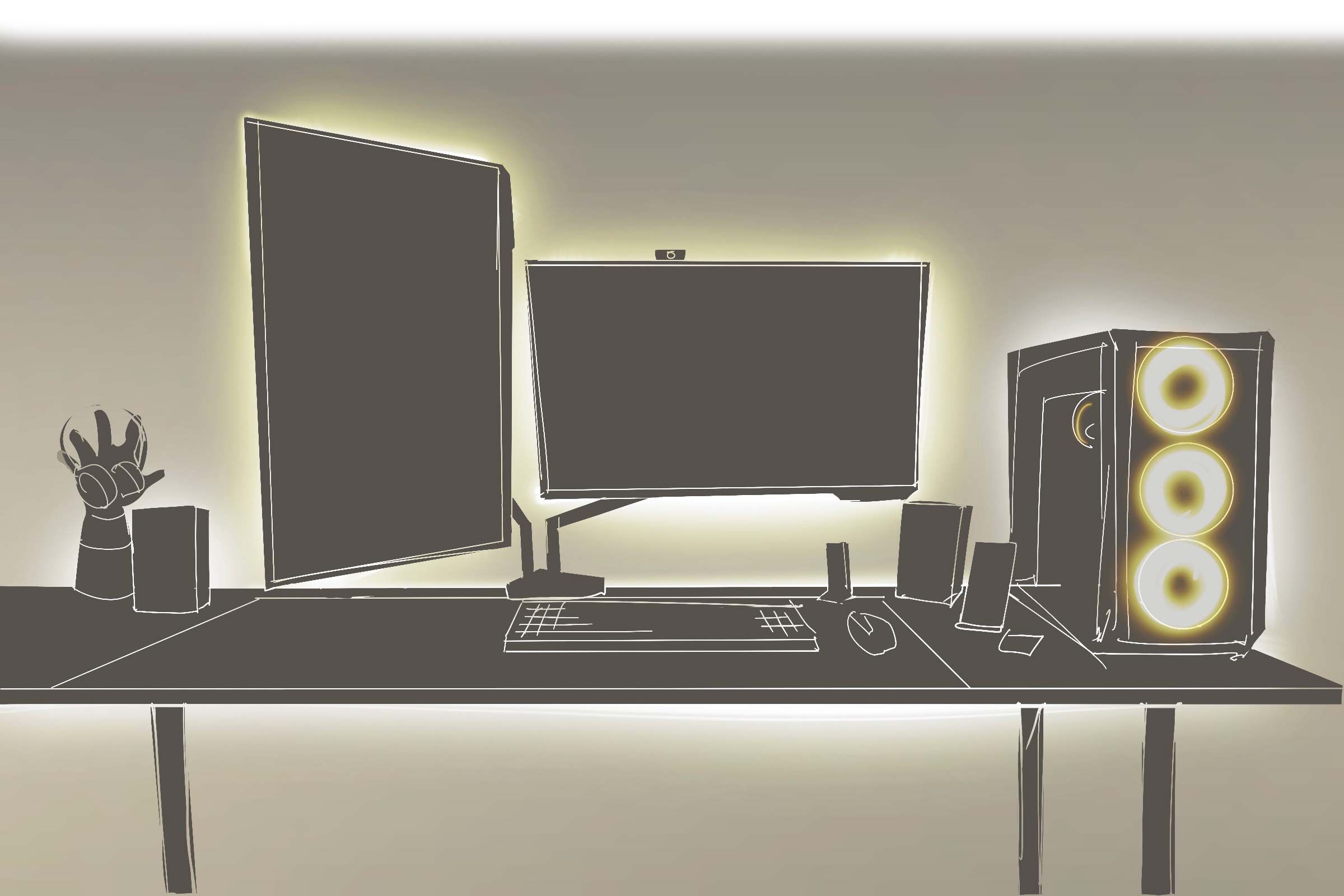 Náčrt stola s počítačovými monitormi, reproduktormi, klávesnicou, myšou a osvetlenou skriňou počítača.