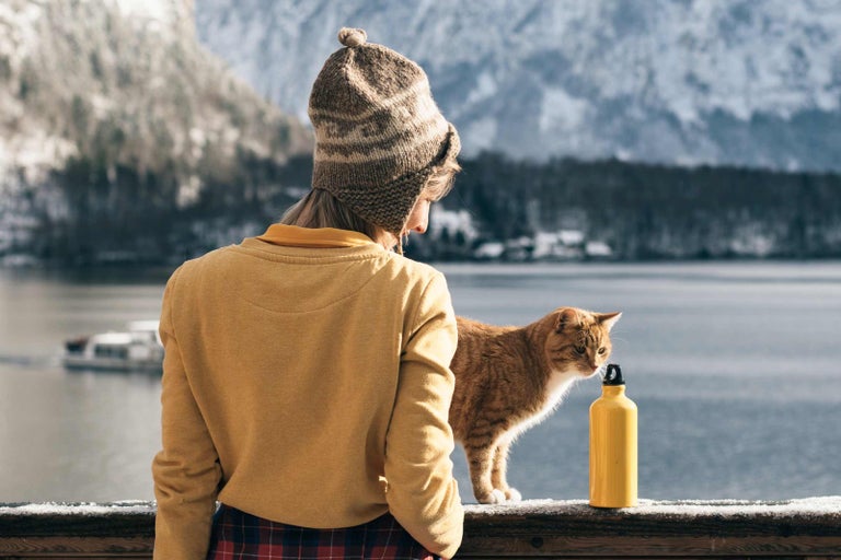 Scéna so ženou, mačkou a žltou fľašou na pitie pred horským jazerom.