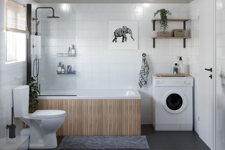 Kúpeľňa s toaletou, vaňou, sprchovou zástenou a práčkou