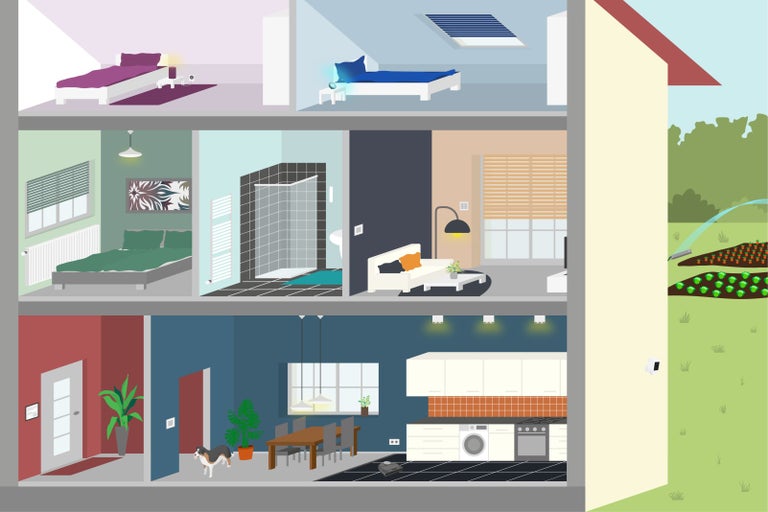 Ilustrácia viacpodlažného domu s rôznymi izbami a záhradou so zavlažovacím systémom