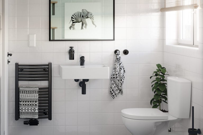 Kúpeľňa s toaletou, umývadlom, ohrievačom uterákov a dekoráciami