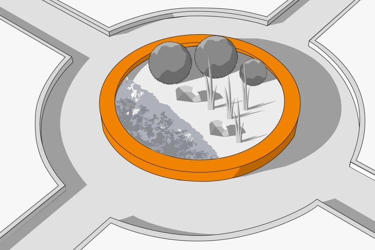 Kruhový objazd so stromami a rastlinami