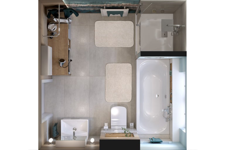 Pohľad zhora na svetlú kúpeľňu s vaňou, sprchou, umývadlom a toaletou