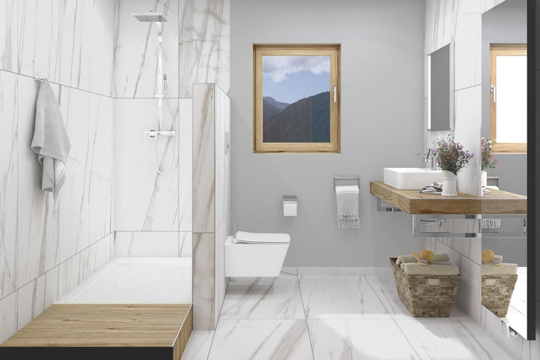 Kúpeľňa so sprchou, toaletou, umývadlom a zrkadlom