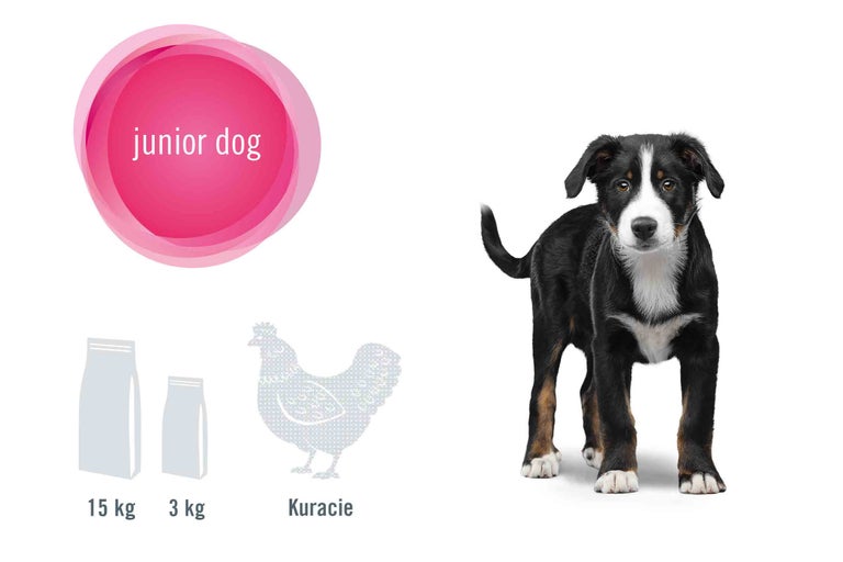 Ilustrácia krmiva pre mladé psy so šteňaťom, 15 kilogramové vrece, 3 kilogramové vrece a odkaz na kuracie mäso