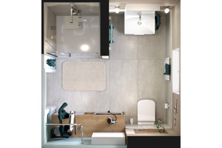 Kúpeľňa so sprchou, umývadlom, toaletou a kúpeľňovými doplnkami zhora