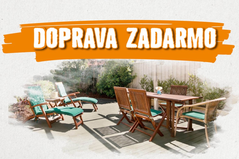 Sada záhradného nábytku na terase s textom 'Doprava Zadarmo' pre dopravu zdarma.