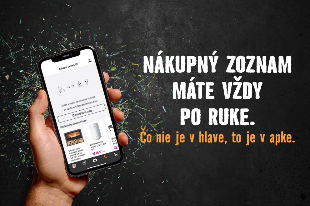 Smartfón s otvorenou aplikáciou Hornbach zobrazujúci funkciu nákupného zoznamu.