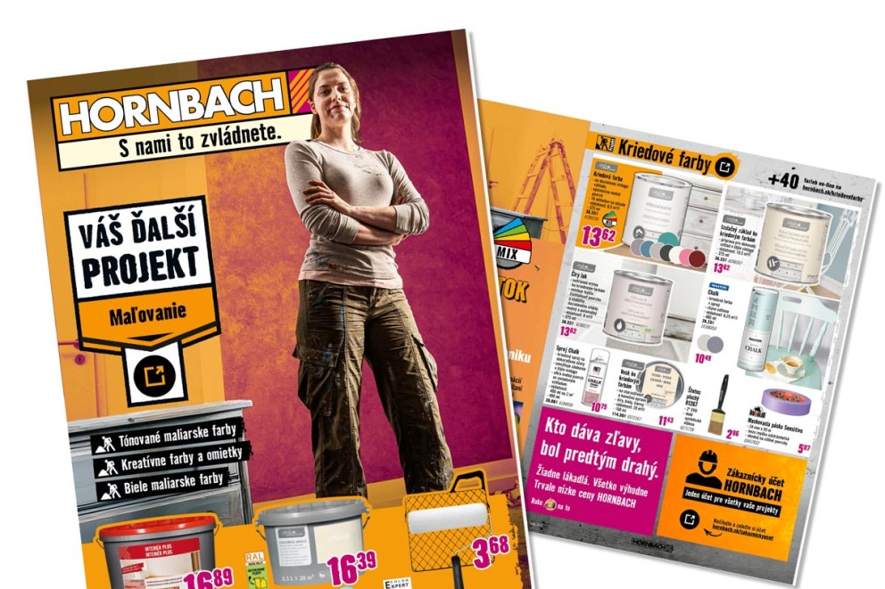 Reklama Hornbach so ženou stojacou pred farbami a náradím.