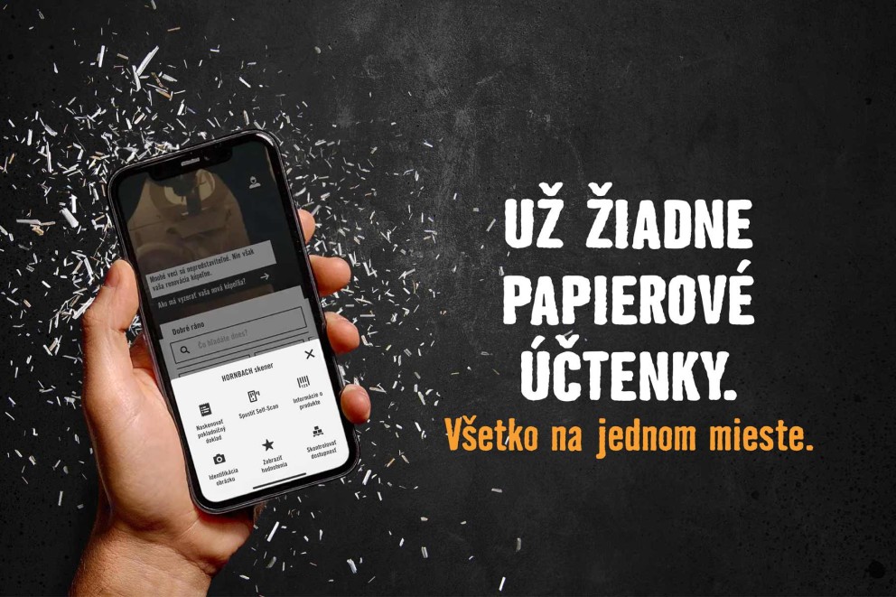 Smartphone s aplikáciou Hornbach na digitálnu správu pokladničných dokladov