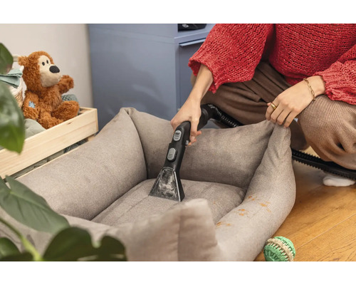 Osoba čistí pelech pre psa pomocou vysávača na mokré čistenie.