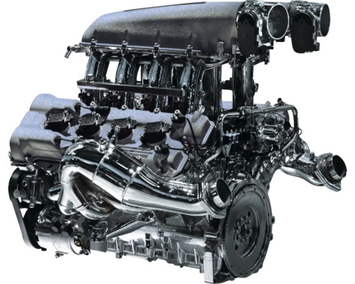 Detailný pohľad na kovový motor automobilu.