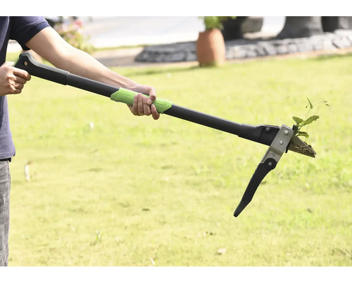 Osoba používa nástroj na odstraňovanie buriny na odstránenie buriny v záhrade.