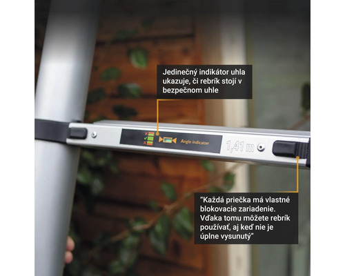 Detail rebríka s indikátorom uhla a bezpečnostnými prvkami.