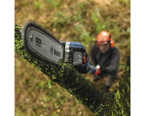 Logo spoločnosti Bosch na akumulátorovej píle pri rezaní konára
