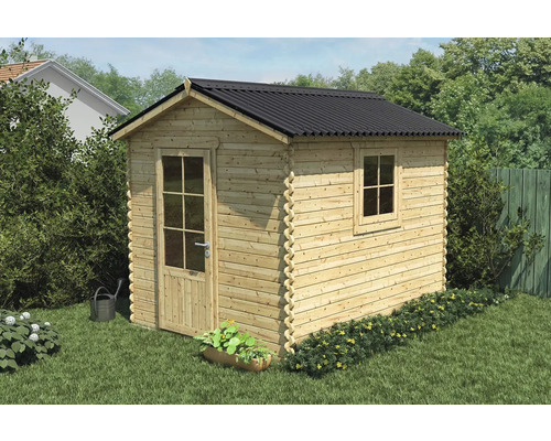 Drevený záhradný domček s dverami a oknom