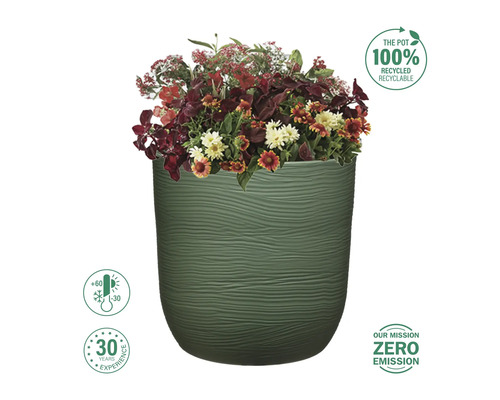 Kvetináč so sezónnou výsadbou, 100 percent recyklovateľný, teplotne odolný od -30 do +60 stupňov, 30 rokov skúseností, nulová emisná misia
