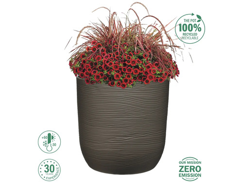 Kvetináč s červenou výsadbou a trávami, so symbolmi teplotnej odolnosti, recyklovateľného materiálu a firemnej misie.