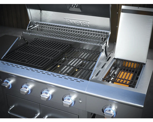 Plynový gril Tenneker s otvoreným vekom a grilovacími roštami