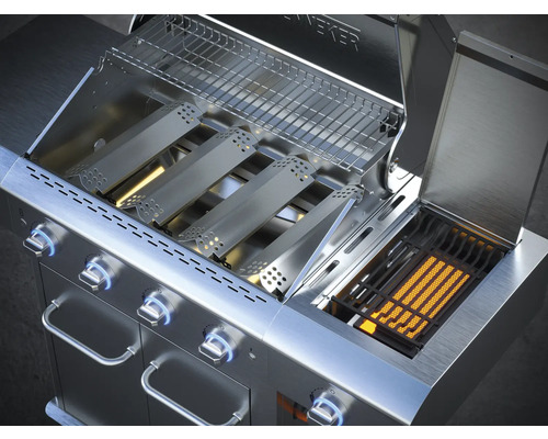 Nerezový plynový gril s otvoreným vekom a grilovacími roštami