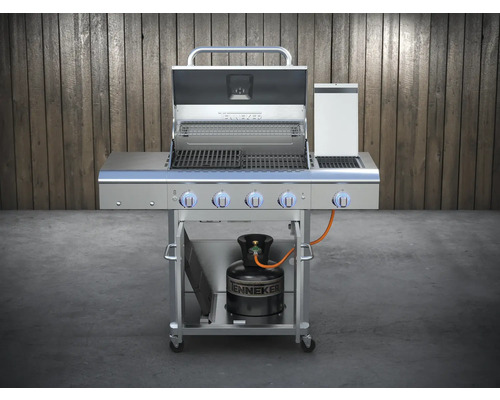 Nerezový plynový gril so štyrmi horákmi, grilovacími roštami a plynovou fľašou
