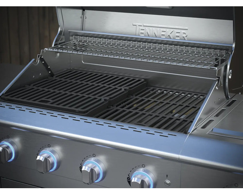 Otvorený plynový gril s grilovacím roštom a ohrievacím roštom