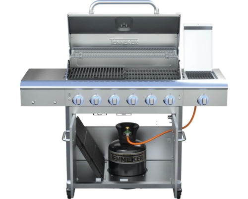 Plynový gril Tenkeker s otvorenou kapotou a plynovou fľašou