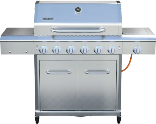 Nerezový plynový gril so šiestimi horákmi, bočnými stolíkmi a spodnou skrinkou