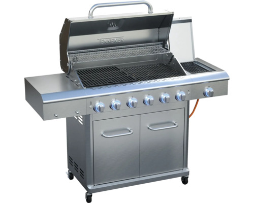 Nerezový plynový gril so šiestimi horákmi, odkladacími plochami a spodnou skrinkou