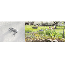 Vonkajší vodovodný kohútik na stene so záhradou v pozadí