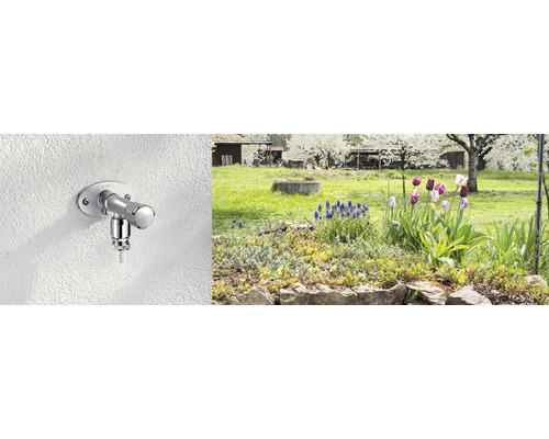 Vonkajší vodovodný kohútik na stene so záhradou v pozadí