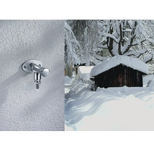 Vonkajší vodovodný kohútik na stene a zasnežená chata