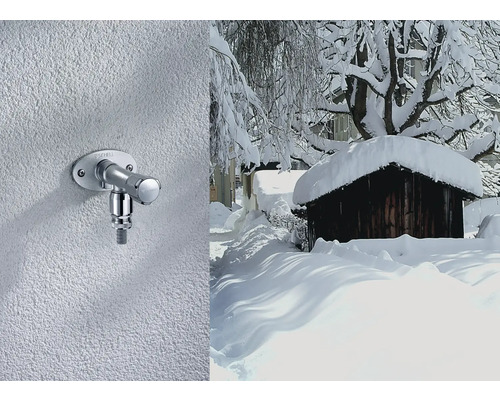 Vonkajší vodovodný kohútik na stene a zasnežená chata