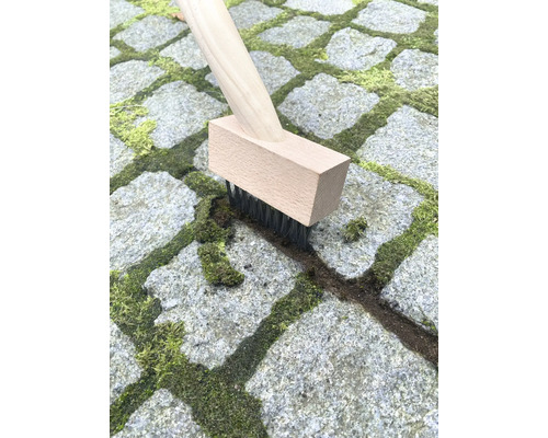 Kefa na škáry s drevenou rukoväťou čistí dlažobné kocky od machu