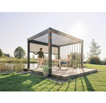 Pergola s lamelovou strechou, roletami proti slnku a osobami v záhrade