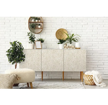 Svetlá izba s komodou, rastlinami a dekoráciou pred bielou tehlovou stenou