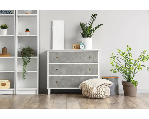 Komoda s tromi zásuvkami, regál a izbové rastliny vo svetlej miestnosti.