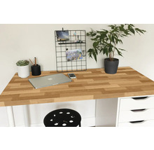 Pracovný priestor s drevenou doskou stola, notebookom, rastlinou a kancelárskymi potrebami