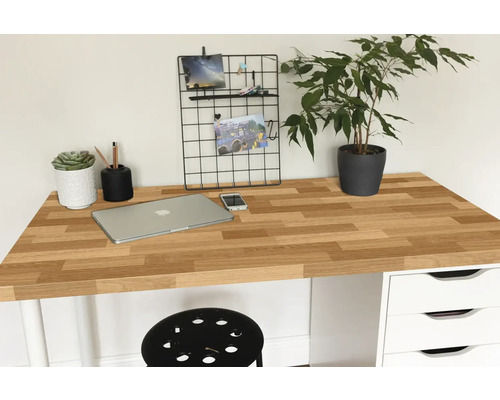 Pracovný priestor s drevenou doskou stola, notebookom, rastlinou a kancelárskymi potrebami