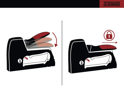 Obrázok bezpečnostnej funkcie zošívačky. Symbol zámku označuje uzamknutú polohu.