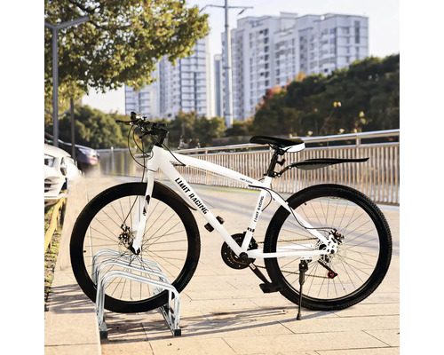 Biely horský bicykel s nosičom batožiny a stojanom na bicykel