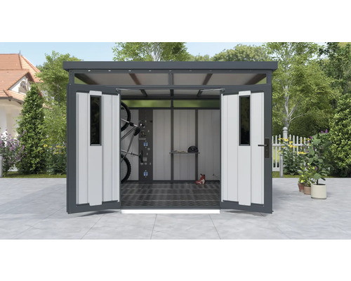 Kovový záhradný domček s otvorenými dverami, bicyklom a úložným systémom
